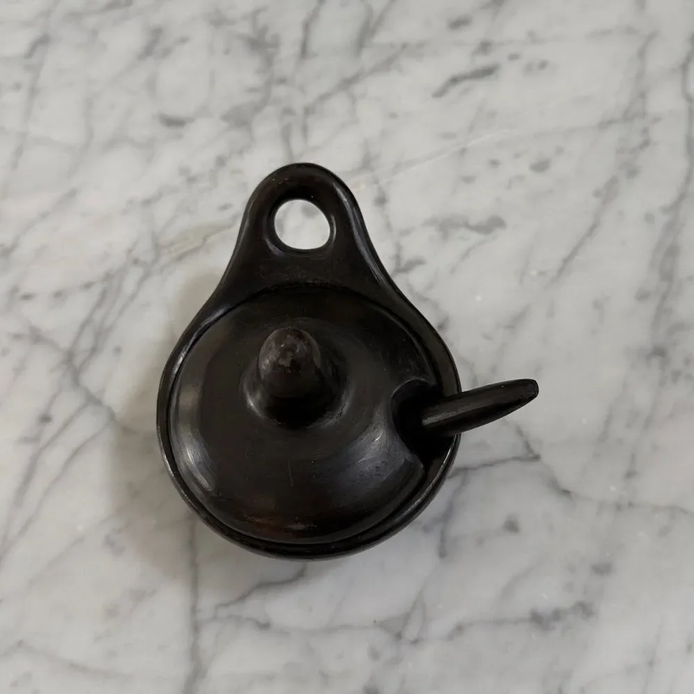 Spice Condiment Holder Black Clay Pot with Spoon